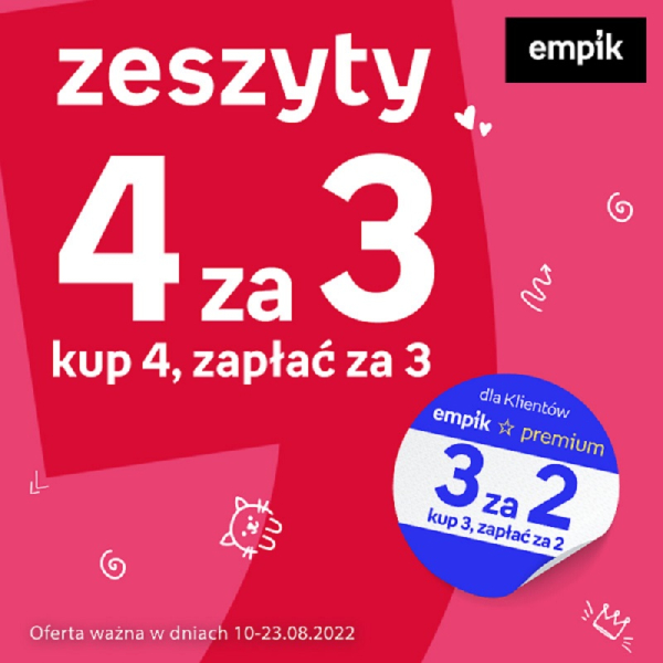 Zeszyty 4 za 3 ,dla klientów z Empik Premium 3 za 2