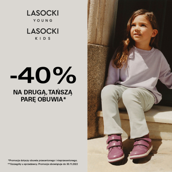 -40% na drugą tańszą parę obuwia Lasocki Kids oraz Lasocki Young.